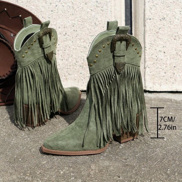 Green Vintage Women's Fringe Decor Rivet Wedge Slip-On Ankle Boots - Picture 5 of 6